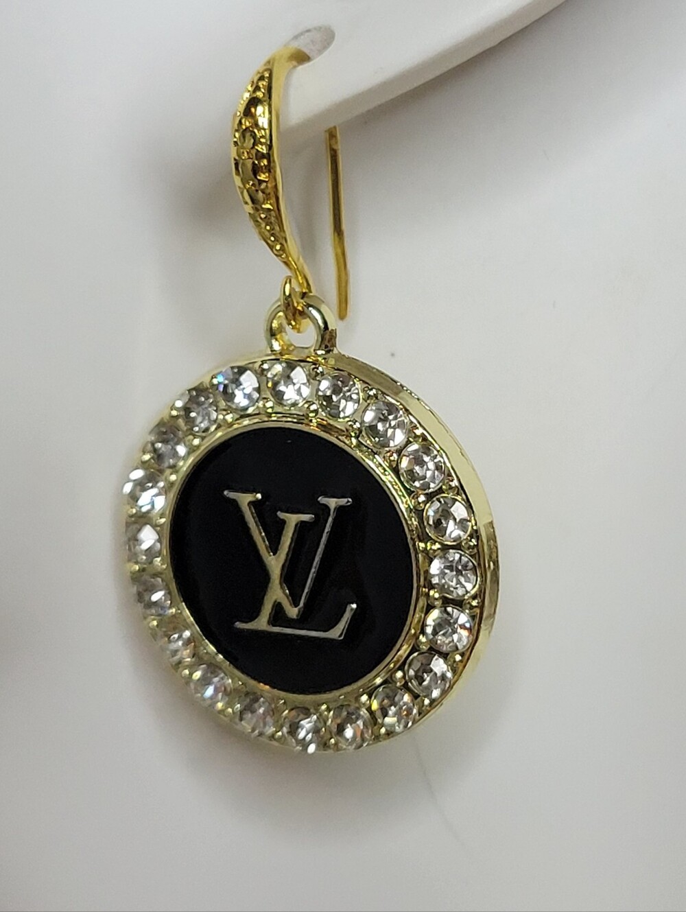 Louis Vuitton Gold and Black Crystal-Trim Round Drop Earrings